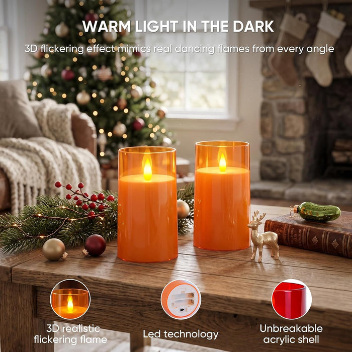 Orange Flameless Candles, Realistic Flickering LED Candles, Set of 2