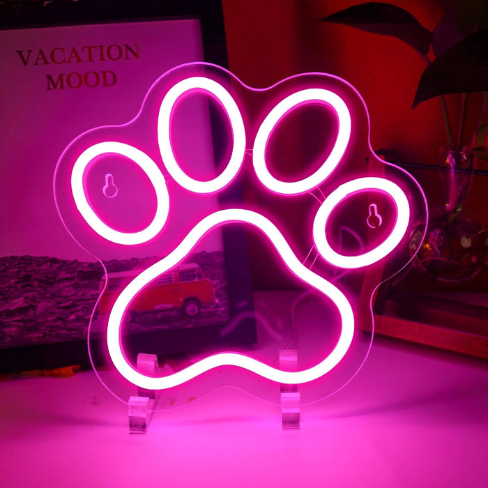 Dog Cat Paw Neon Sign for Wall Decor, Dimmable Pink Foot Print LED Signs