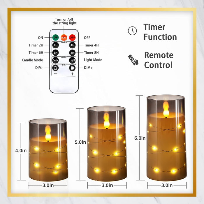 Flickering Flameless Candles: Built-in Star String Lights 3D Wick Acrylic Battery Operated LED Pillar Candles with Remote and Timer for Fall Halloween Christmas Home Decoration - 3 Pack Gray