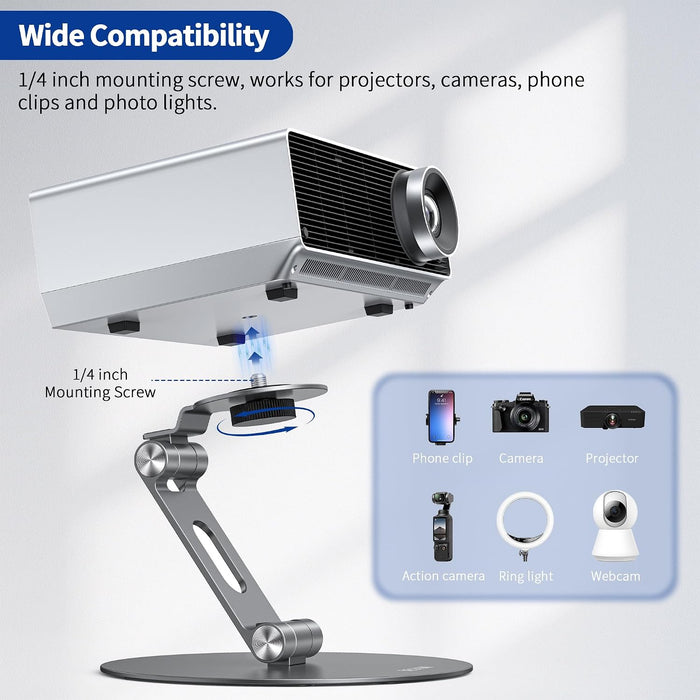 PS01 Projector Foldable Mount Stand, Angle Adjustable Projector Stand with 1/4 inch Mounting Screw