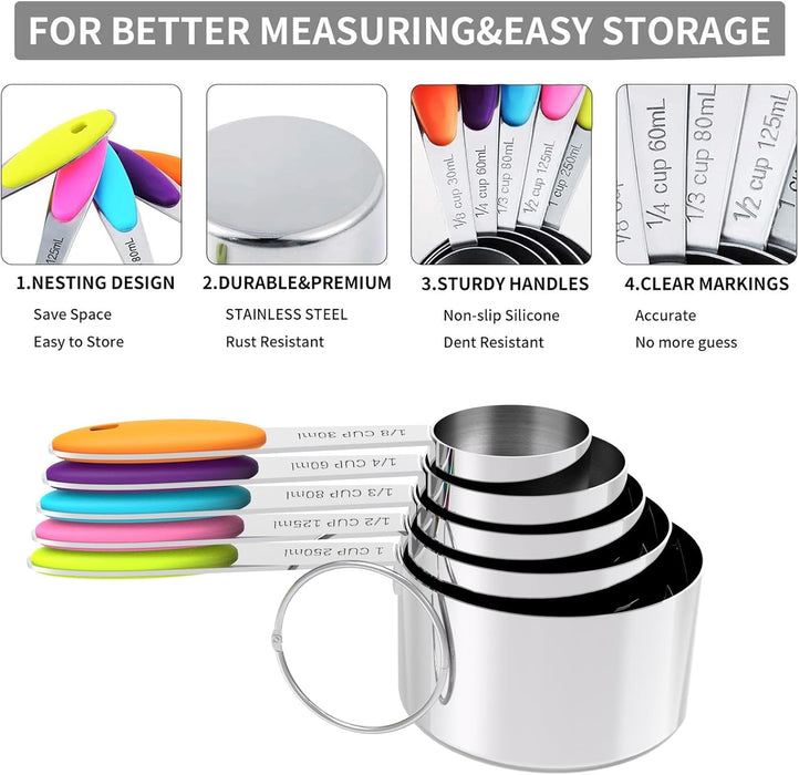 Nesting Measuring Cups and Spoons Set, Stainless Steel with Soft Silicone Handle – Heavy Duty & Dishwasher Safe for Meas