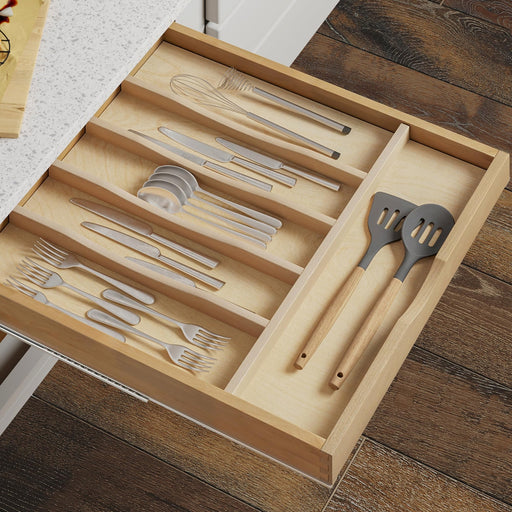 Six-Compartment Natural Wood Drawer Organizer