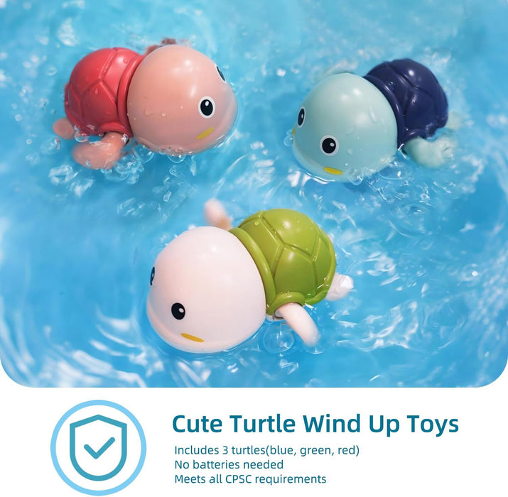Bath Toys 3 Pack with 3 Colors | Cute Swimming Turtles Wind Up Toys for 1+ Years Old | Floating Bath & Pool Toys for Kid