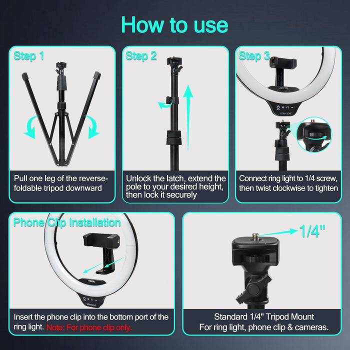 14'' LED Foldable Ring Light with 62'' Tripod Stand, Selfie Ring Light for Video Recording, Live Streaming, TikTok & YouTube, Compatible with iPhone & Android (Black)