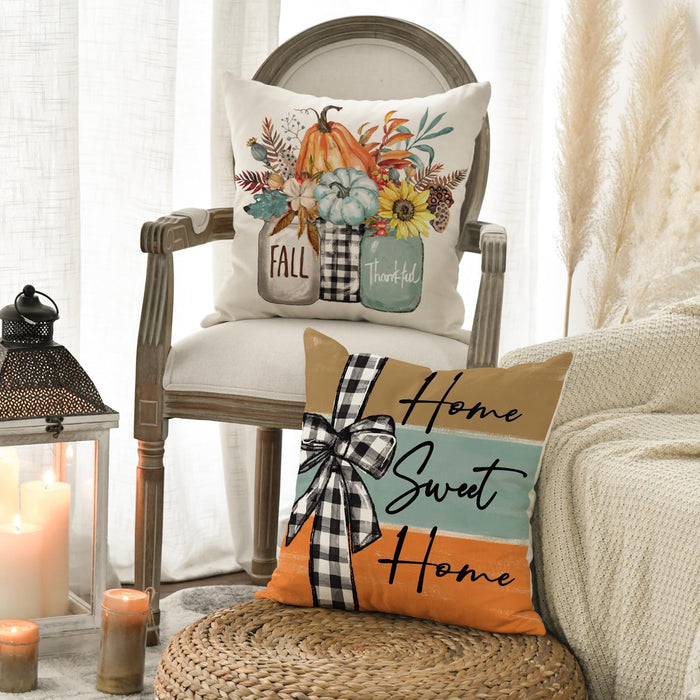 Fall Pumpkin Home Sweet Home Throw Pillow Covers, 18 x 18 Inch Autumn Thankful Grateful Blessed Harvest Floral Decoratio