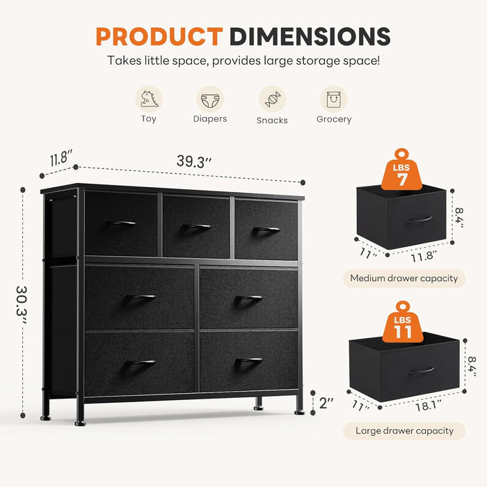 7 Drawer Fabric Dresser for Bedroom Storage with Bins, Black
