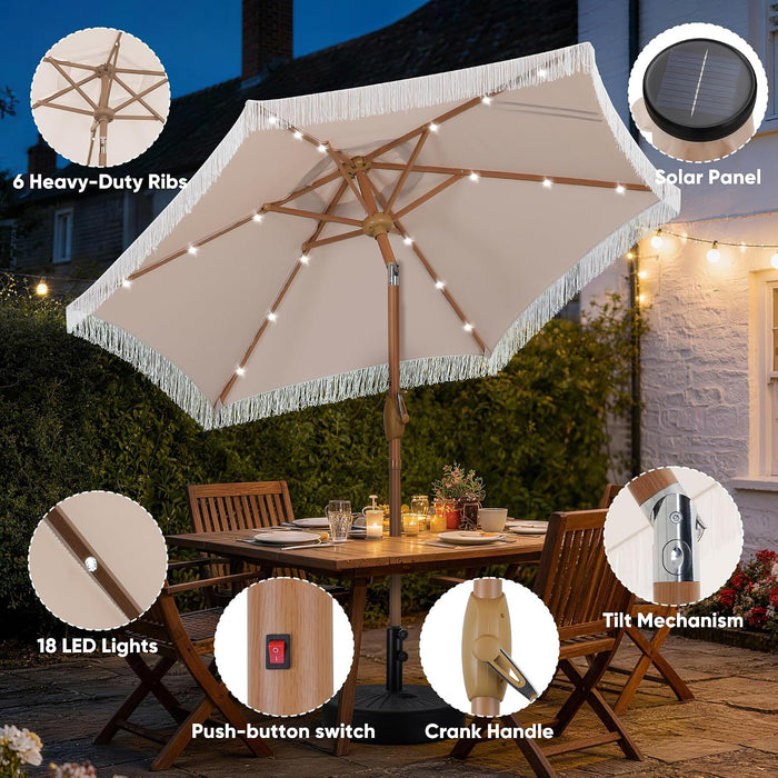 7.5FT Fringe Patio Outdoor Umbrella with LED Solar Lights