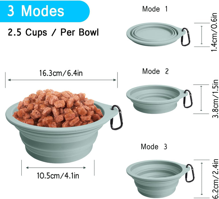 2-Pack Silicone Collapsible Dog Bowls, BPA Free Dishwasher Safe, Portable Foldable Expandable Travel Bowl, Food Water Feeding Cup Dish for Dogs Cats with 2 Carabiners (Turquoise, Tan)
