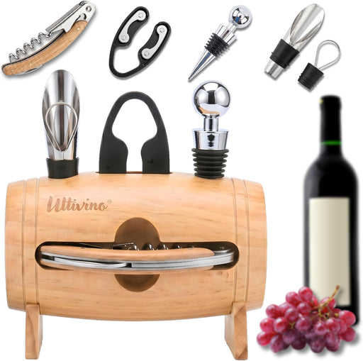 4-in-1 Cask Shaped Wine Essentials Gift Set with Wood Bottle Opener, Wine Pourer, Foil Cutter, and Wine Stopper with Han