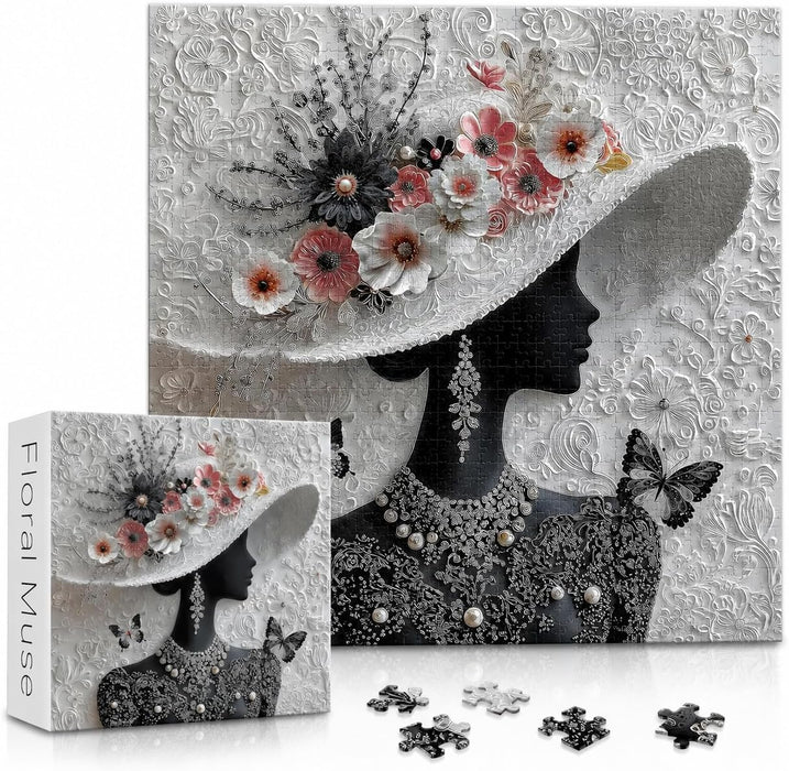 Impossible Puzzles for Adults 1000 Pieces, Floral Muse Puzzle Elegant Lady,Beauty Flower Woman Puzzle Black and White Pearl,Hard Challenge Jigsaw Puzzles Aesthetic
