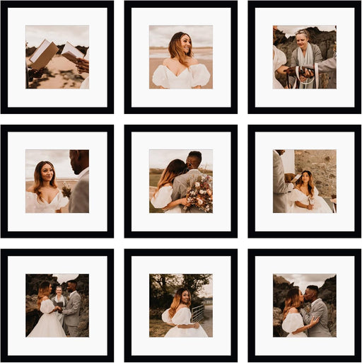 12x12 Picture Frame Set of 9, Display Pictures 8x8 with Mat or 12x12 without Mat, Multi Collage Gallery Square Photo Fra