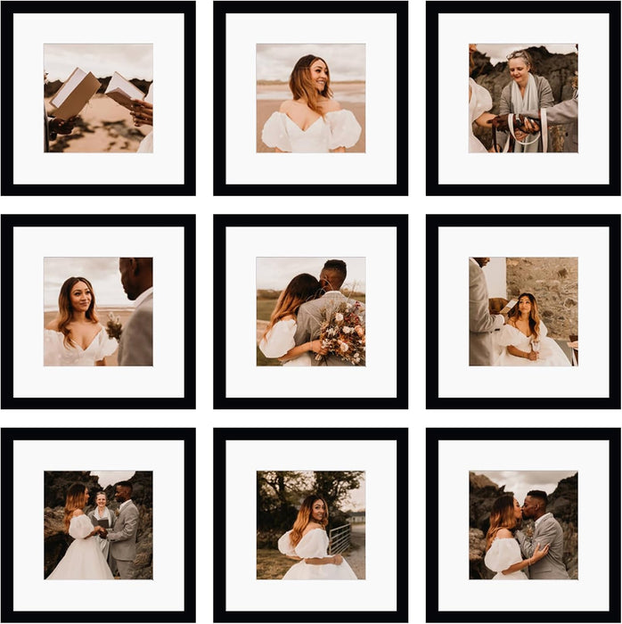 12x12 Picture Frame Set of 9, Display Pictures 8x8 with Mat or 12x12 without Mat, Multi Collage Gallery Square Photo Fra