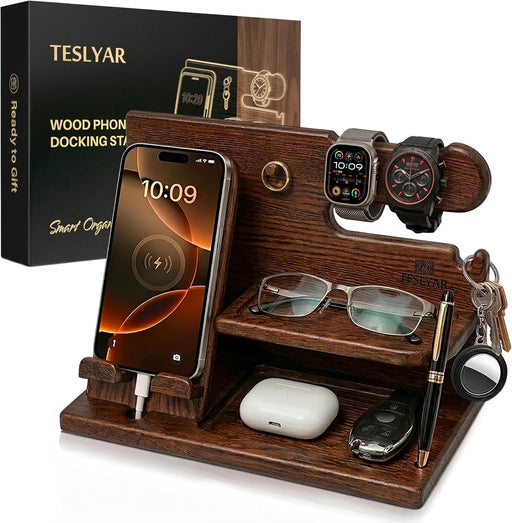 Wood Phone Docking Station for Men - Desk or Nightstand Organizer - Birthday Gifts for Husband, Dad - Anniversary Idea f