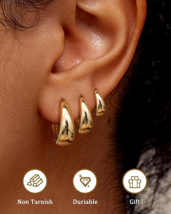3 Pairs 14K Gold Hoop Earrings Set for Women Small Chunky Huggie