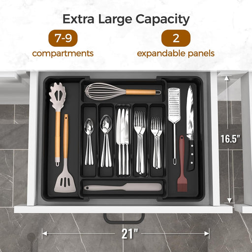 Extra Large Expandable Silverware Organizer, Flatware Tray, Black