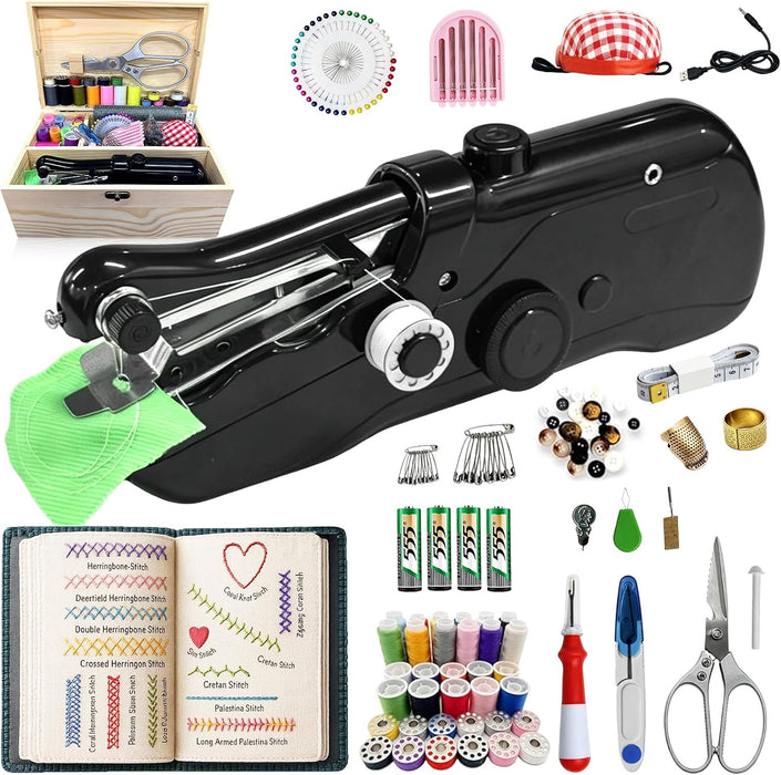169-Piece Kit Handheld Sewing Machine with Wooden Sewing Box