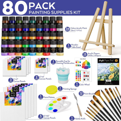 80PCS Acrylic Paint Canvas Set for Adults with 36 Paints (36ML)