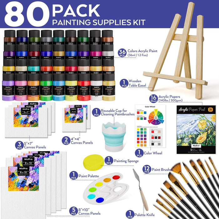 80PCS Acrylic Paint Canvas Set for Adults with 36 Paints (36ML)