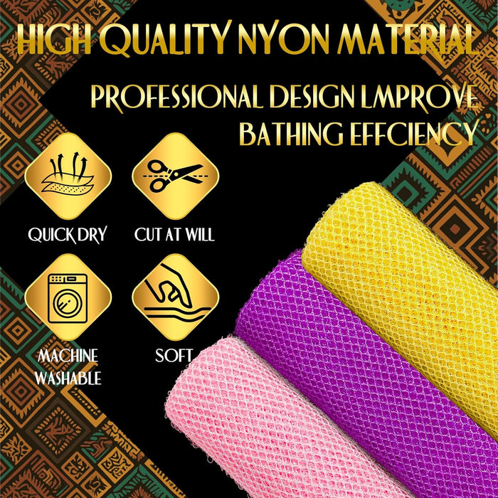 3 Pack African Net Sponge, African Exfoliating Net Bath Sponge Long Net Bath Sponge Exfoliating Shower Body Scrubber Back Scrubber Skin Smoother,Great for Daily Use (Pink,Yellow,Purple)