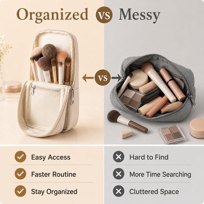 Small Standing Makeup Brush Bag & Holder, Beige Travel Cosmetic Case