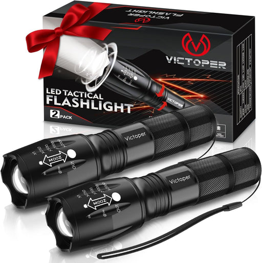 LED Flashlight 2 Pack, Bright Tactical Torch High Lumens 5 Modes, Waterproof Zoomable Flash Light for Outdoor, Birthday 