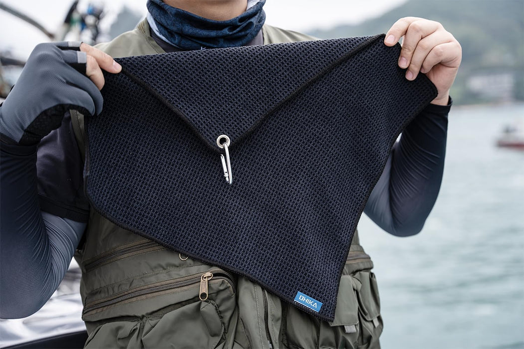 Microfiber Fishing Towels with Clip, Waffle Pattern for Effective Cleaning of Fishing Gears or Dirty Hands, 16” x 16”, Camping Towels, Hiking Towels, Pack of 3 (Black/Grey/Blue)