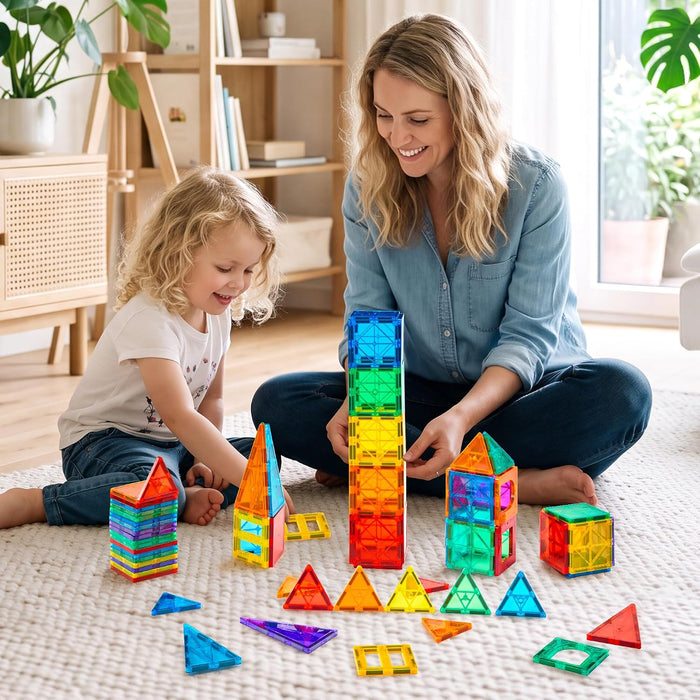 100 PCS Magnetic Tiles with 2 Cars, Magnet Stacking Blocks Kids