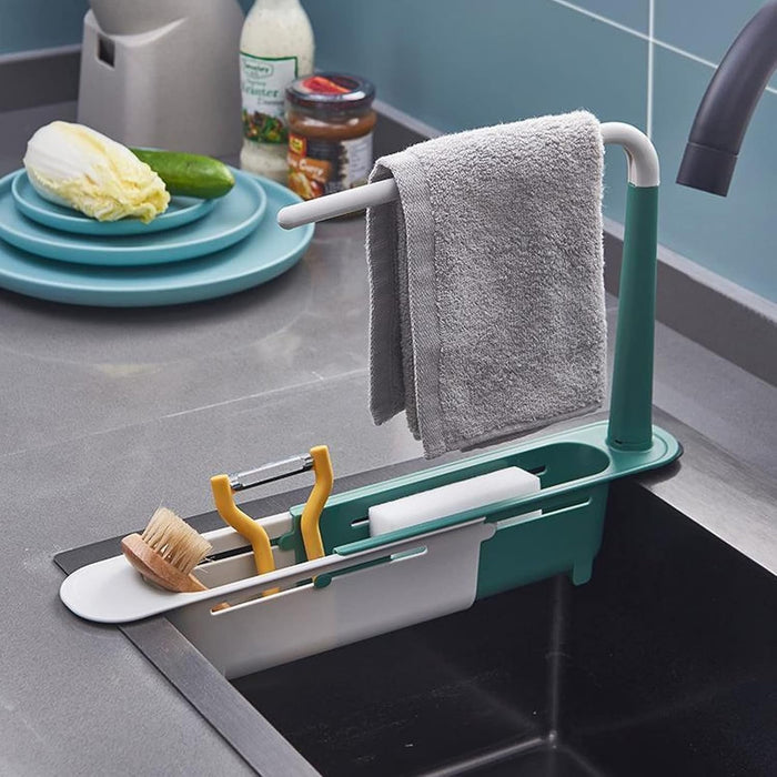 Telescopic Sink Storage Rack Holder, Adjustable Large Capacity Sink Storage Rack, PP Length Freely Drain Rack, Expandable Sink Organizer for Home Kitchen Sink, Easy Installation(Green)