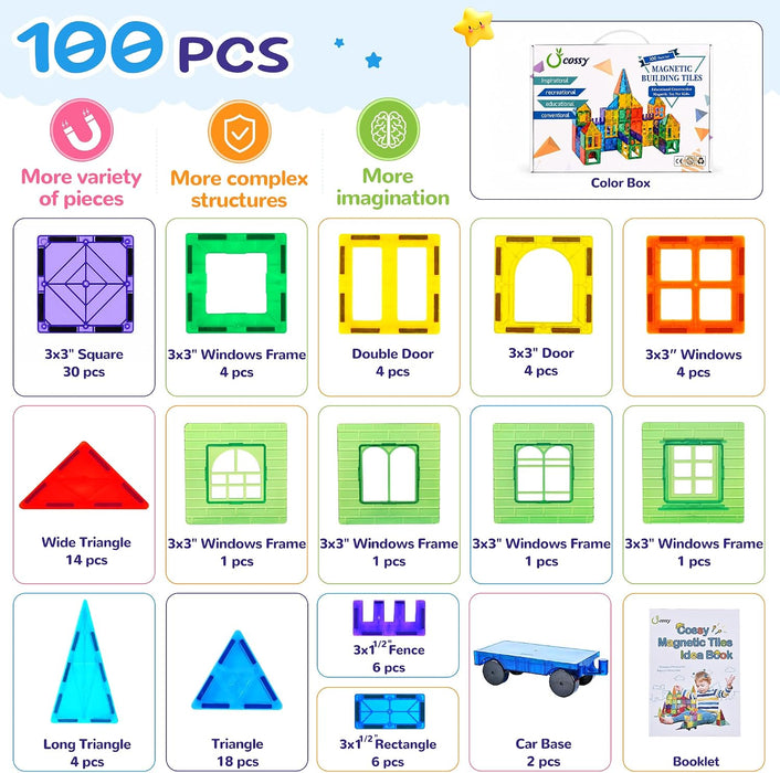 100 Pcs Magnetic Tiles, Magnet 3D Building Blocks Set with 2 Cars