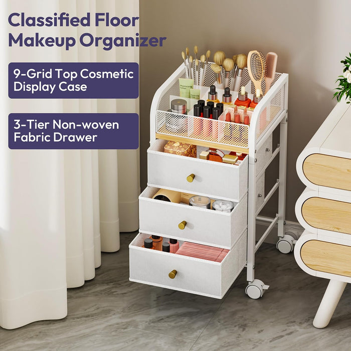 Rolling Makeup Organizer Cart - Under Desk Vanity Makeup Storage with 3 Non-woven Drawers, Nail Cart Organizer Cosmetic Display Cases Cabinet for Skin Care Perfume Nail Polish Brush Hair Tool