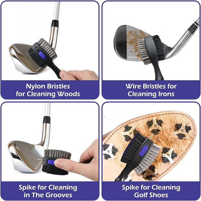 2 Pack Golf Club Brushes and Groove Cleaner 2 ft Retractable Zipline Carabiner Golf Brush Head with Retractable Spike Co