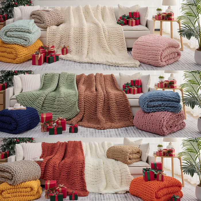 Chunky Knit Throw Blanket for Couch, 50'' x 60'' Knit Throw, Ivory
