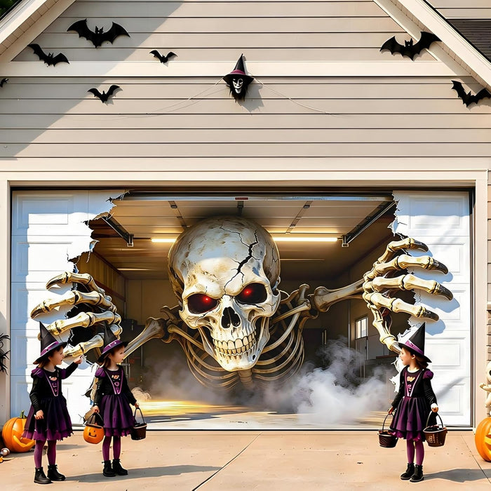 Halloween Garage Door Cover 16x7 FT, Realistic Garage Scene Design