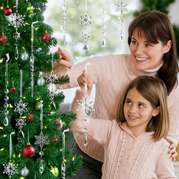 Crystal Christmas Tree Ornaments, Clear Acrylic Snowflake & Icicle, 18pcs