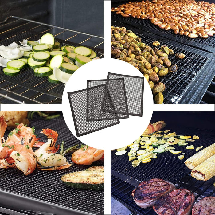 Grill Mesh Mat Set of 3 - Heavy Duty BBQ Non-stick Cooking Sheet Liners Reusable Teflon Barbecue Grilling Net for Outdoor Smoker, Pellet, Gas, Charcoal Grills (15.7x13 Inch)