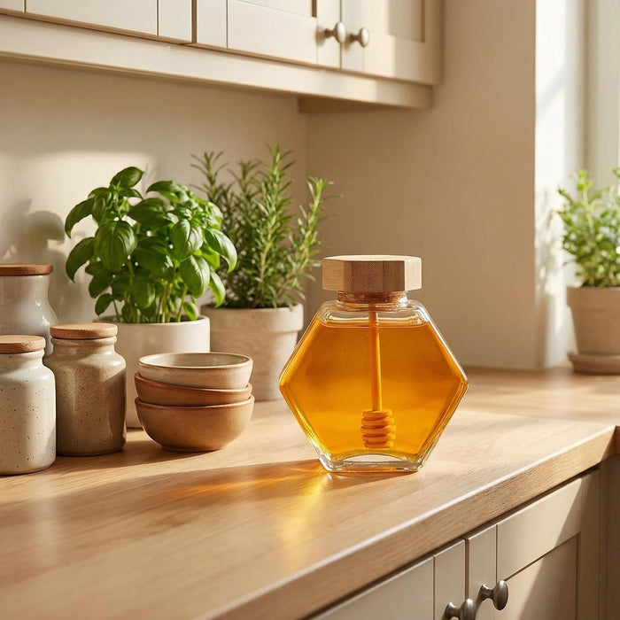 1PC 380ml Clear Glass Refillable Hexagon Shape Honey Pot Jar with Wooden Dipper Sticks and Lid Syrup Dispenser Container Empty Bottle Food Storage for Home Kitchen