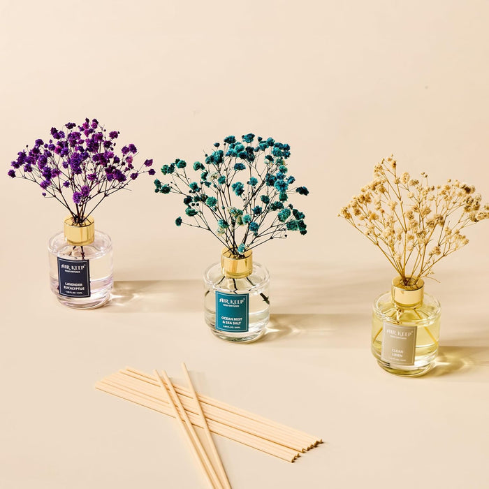 Reed Diffuser Set of 3,Clean Linen Ocean Mist&Sea Salt Lavender Eucalyptus Oil Reed Diffusers for Bedroom Living Room Office Aromatherapy Oil Reed Diffuser for Gift 50ml x 3