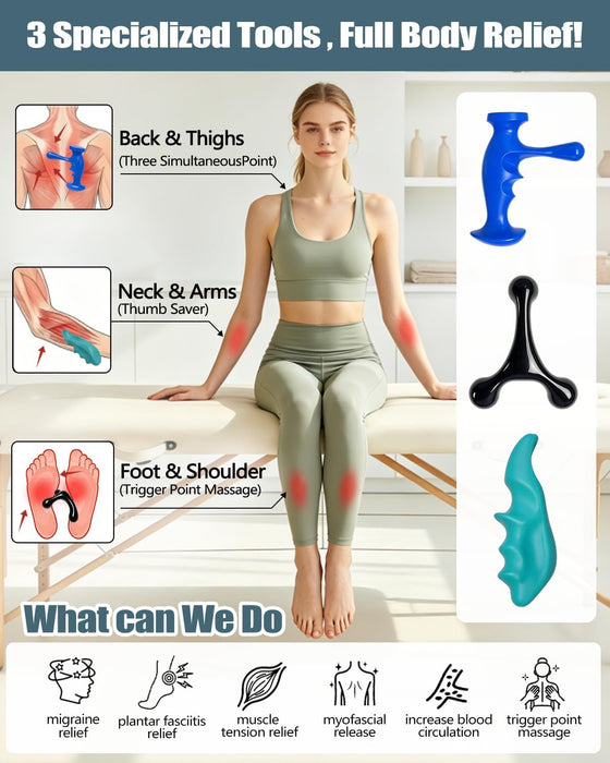 Trigger Point Massage Tool for Deep Tissue, 3PCS Fascia Release Tools Set, Thumb Saver Massage Tool for Full Body Pain Relief, with 3-Legged Massage Knobs, Stress Relief