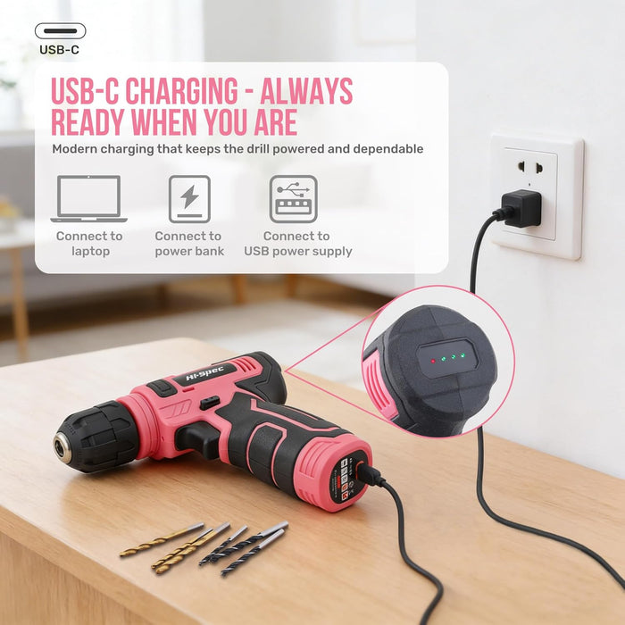 8V Cordless Drill Set & Starter Tool Kit for Women, Pink