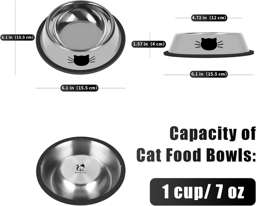 2 Pcs Non-Slip Stainless Steel Small Cat Food Bowls - Unbreakable, Thicken 7 Oz Cat Dishes - Indoor, Removable Rubber Ba