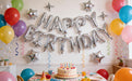 Silver Happy Birthday Balloons Banner Sign Mylar letter Party Decoration