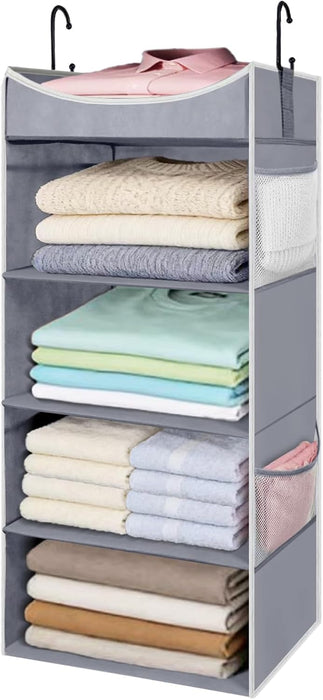 4-Shelf Hanging Closet Organizer and Storage with Side Pockets, Collapsible Closet Hanging Shelves for Storage, Grey