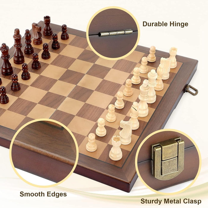 Magnetic Wooden Chess Set for Adults Kids 15'' Chess Board with Handmade Pieces, Folding Portable Travel Unique Chess Se