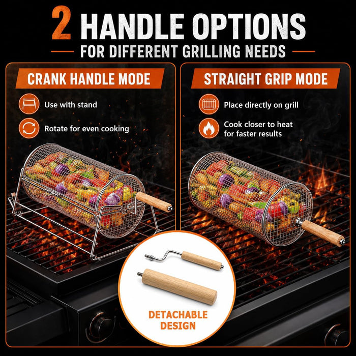 2-in-1 Rolling Grill Basket 304 Stainless Steel Rotatable with Dual Handles
