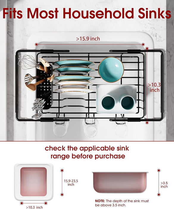 Dish Drying Rack in Sink - Expandable Stainless Steel Dish Rack Over the Sink, Kitchen Sink Drain Strainer with Cutlery 