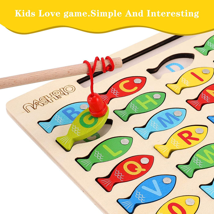 Magnetic Wooden Fishing Game Toy for Preschoolers, Alphabet Fish Catching Counting Games Puzzle with Numbers and Letters