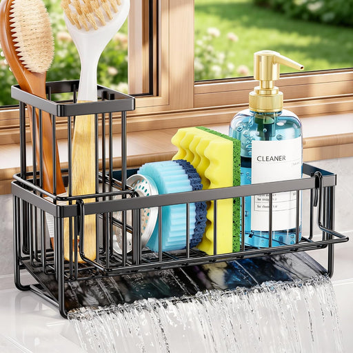 Sponge Holder for Kitchen Sink, Kitchen Sink Caddy, Kitchen Sink Sponge Holder, Dish Sponge Holder, Kitchen Sink Organizer for Sponge, Dish Brush, Scrubber(9.65" x 3.74" x 6.3", Black)