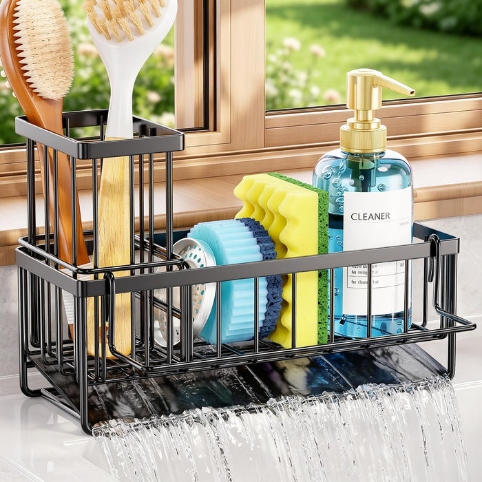 Sponge Holder for Kitchen Sink, Kitchen Sink Caddy, Kitchen Sink Sponge Holder, Dish Sponge Holder, Kitchen Sink Organizer for Sponge, Dish Brush, Scrubber(9.65" x 3.74" x 6.3", Black)