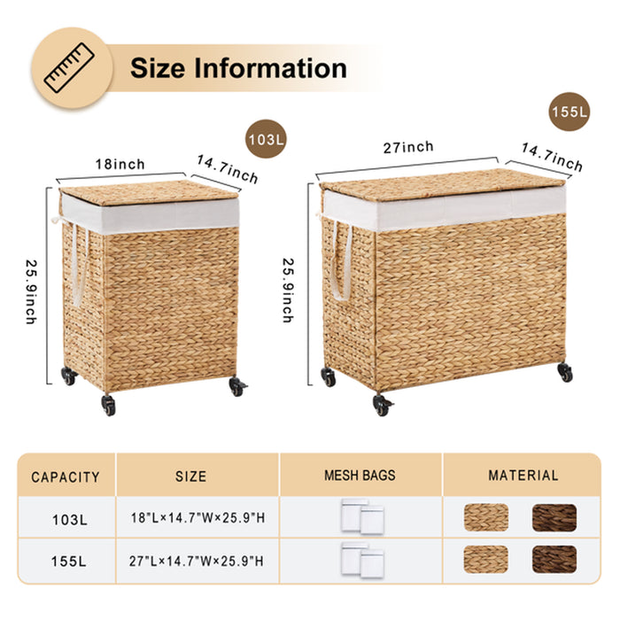 160L Rolling Three-Section Laundry Hamper