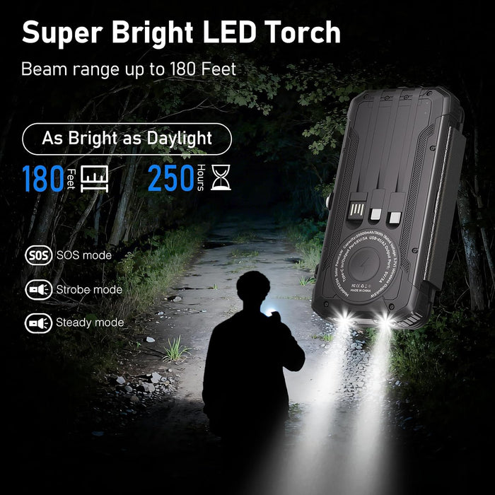 Solar Power Bank 20000 mAh Built-in 3 Cables Wireless Charger